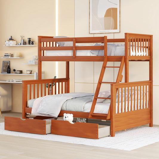 Twin-Over-Full Bunk Bed with Ladders and Two Storage Drawers (Walnut) ( old sku:LT000165AAD）