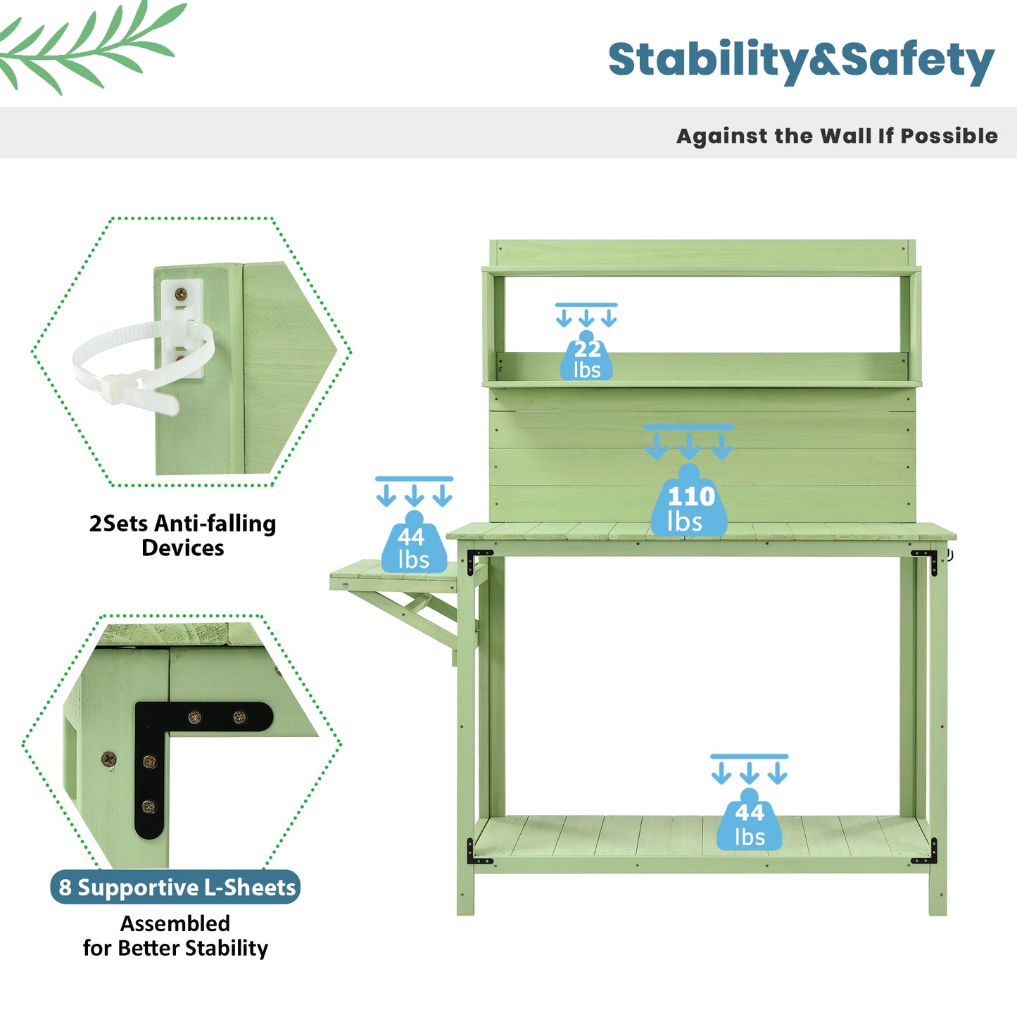 TOPMAX 65inch Garden Wood Workstation Backyard Potting Bench Table with Shelves, Side Hook and Foldable Side Table,Green