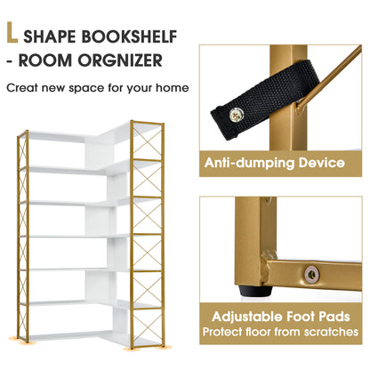 Golden+White 7-Tier Bookcase Home Office Bookshelf,  L-Shaped Corner Bookcase with Metal Frame, Industrial Style Shelf with Open Storage, MDF Board