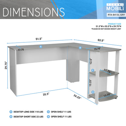 Techni Mobili Modern L-Shaped Desk with Side Shelves, Grey