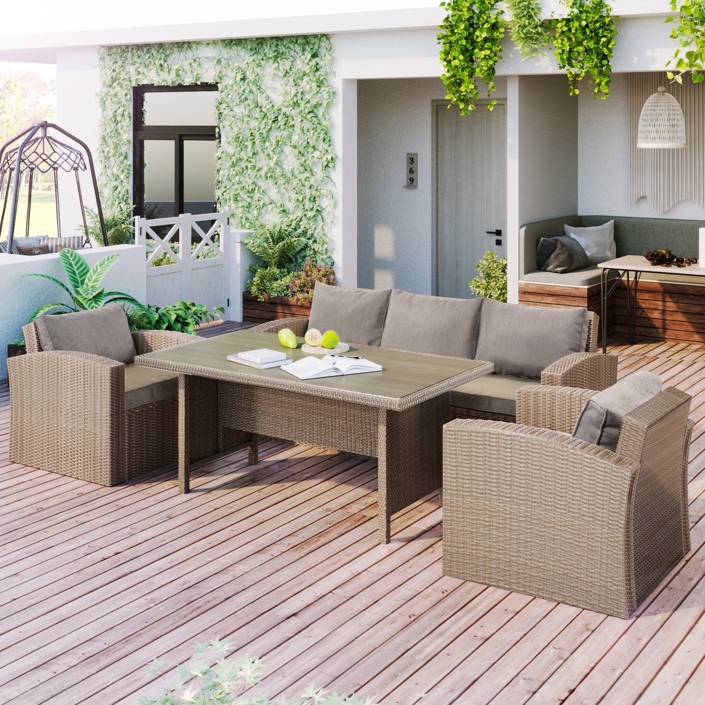 U_STYLE Outdoor Patio Furniture Set 4-Piece Conversation Set Wicker Furniture Sofa Set with Grey Cushions