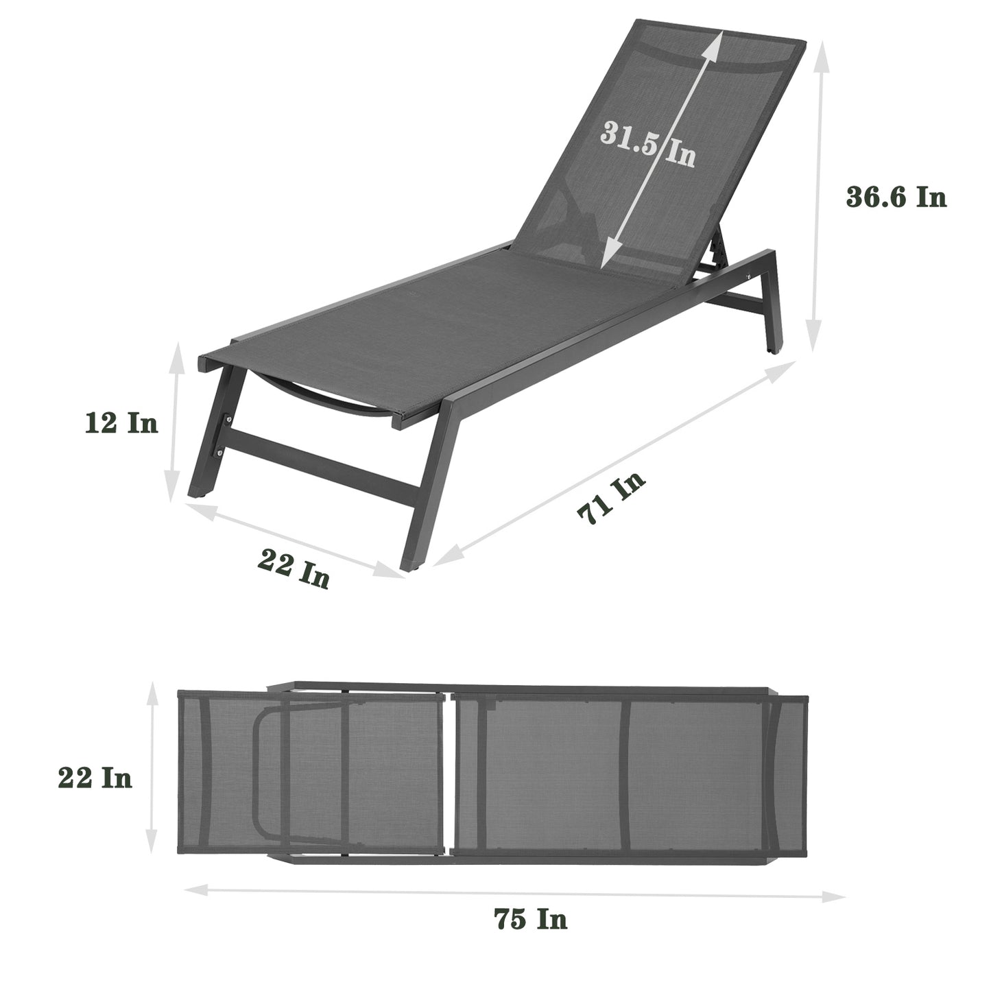 Outdoor 2-Pcs Set Chaise Lounge Chairs,Five-Position Adjustable Aluminum Recliner,All Weather For Patio,Beach,Yard, Pool(Grey Frame/Dark Grey Fabric)