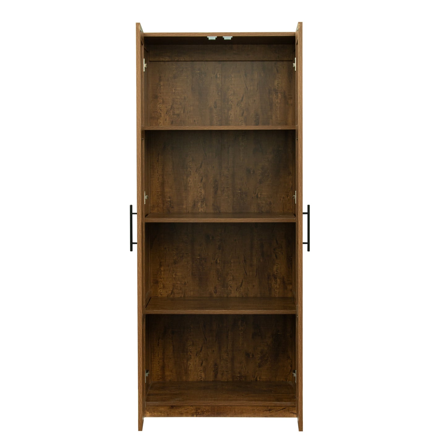 High wardrobe and kitchen cabinet with 2 doors and 3 partitions to separate 4 storage spaces, walnut