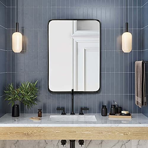 Wall Mount Mirror for Bathroom, Brush Black Metal Framed Rounded Corner Rectangular Vanity Mirror (24" x 36", Black)