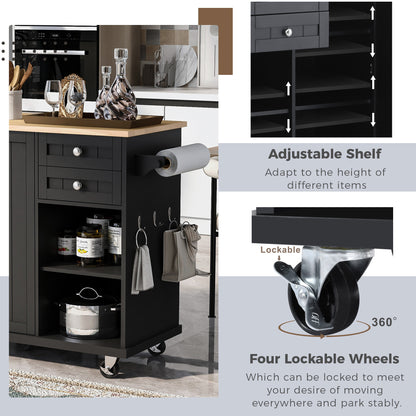 K&K kitchen island cart with Spice Rack, Towel Rack & Drawer,Rubber wood desktop,5 wheels including 4 lockable wheels,52.8inch width (Black)