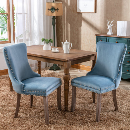 A&A Furniture,Upholstered Wing-Back Dining Chair with Backstitching Nailhead Trim and Solid Wood Legs,Set of 2, Light Blue,8809LB, KD