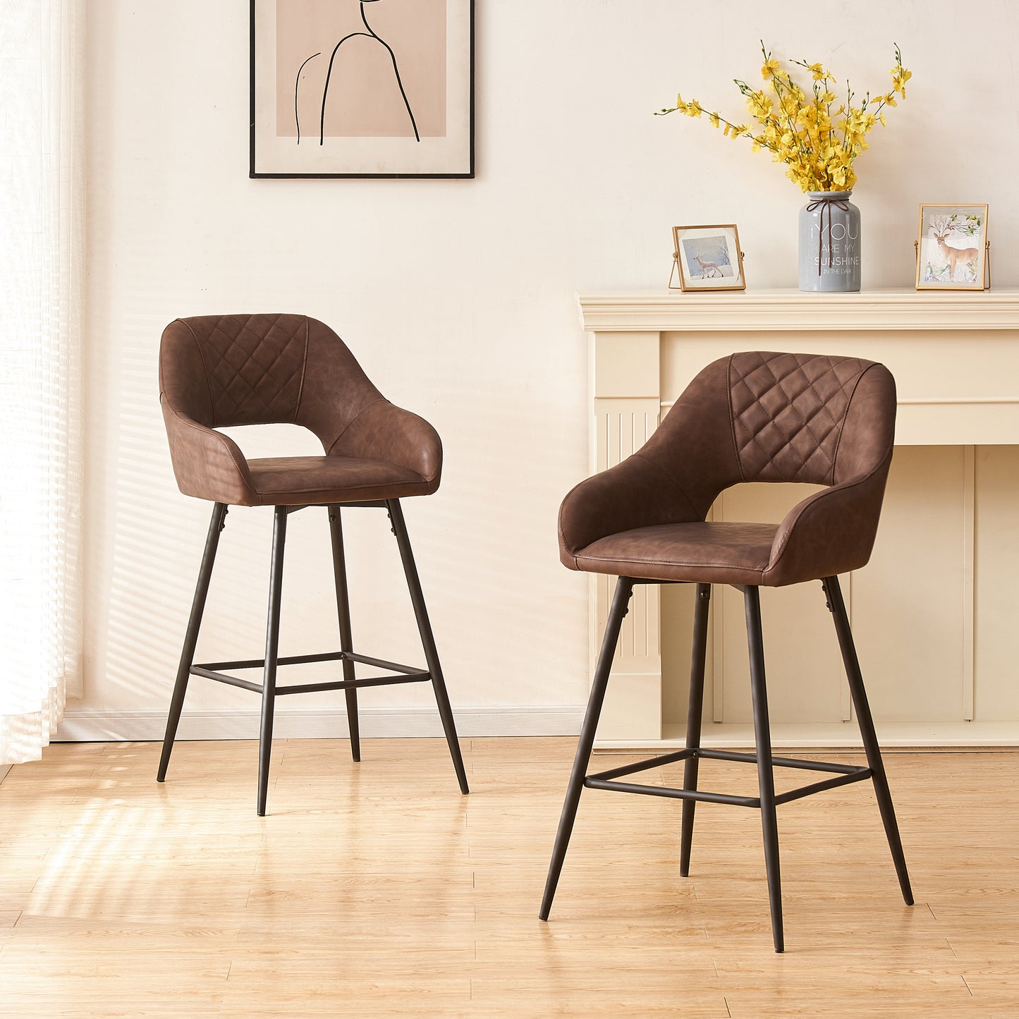 Bar Stools Set of 2 Leather Brown Breakfast Dining Bar Stools Fixed Height Bar Chairs with Metal Frame and Footrest for Breakfast Bar, Counter, Kitchen and Home