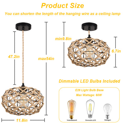 Hemp Rope Cage Pendant Light with LED Bulb