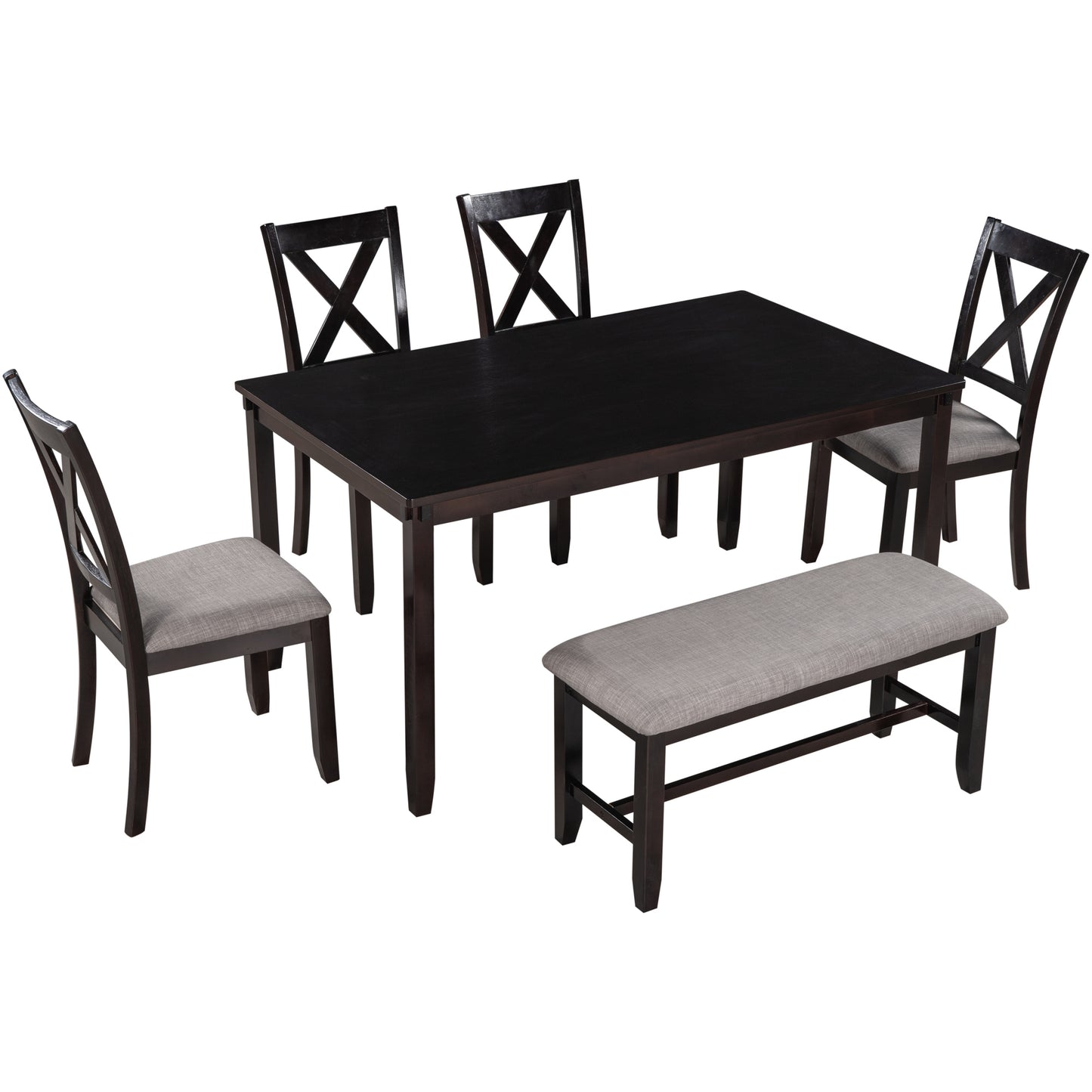 TREXM 6-Piece Kitchen Dining Table Set Wooden Rectangular Dining Table, 4 Fabric Chairs and Bench Family Furniture (Espresso)