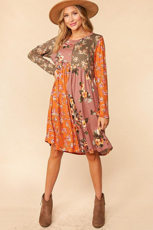 BUTTON DOWN FLORAL COLOR BLOCK MIDI DRESS