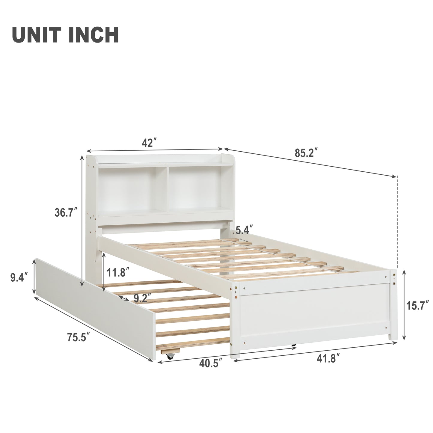 Twin Bed with Trundle,Bookcase,White