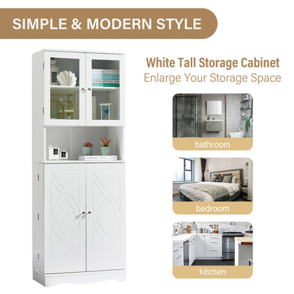 Tall Storage Cabinet with Glass Doors for Bathroom/Office, Multiple Storage Space, White