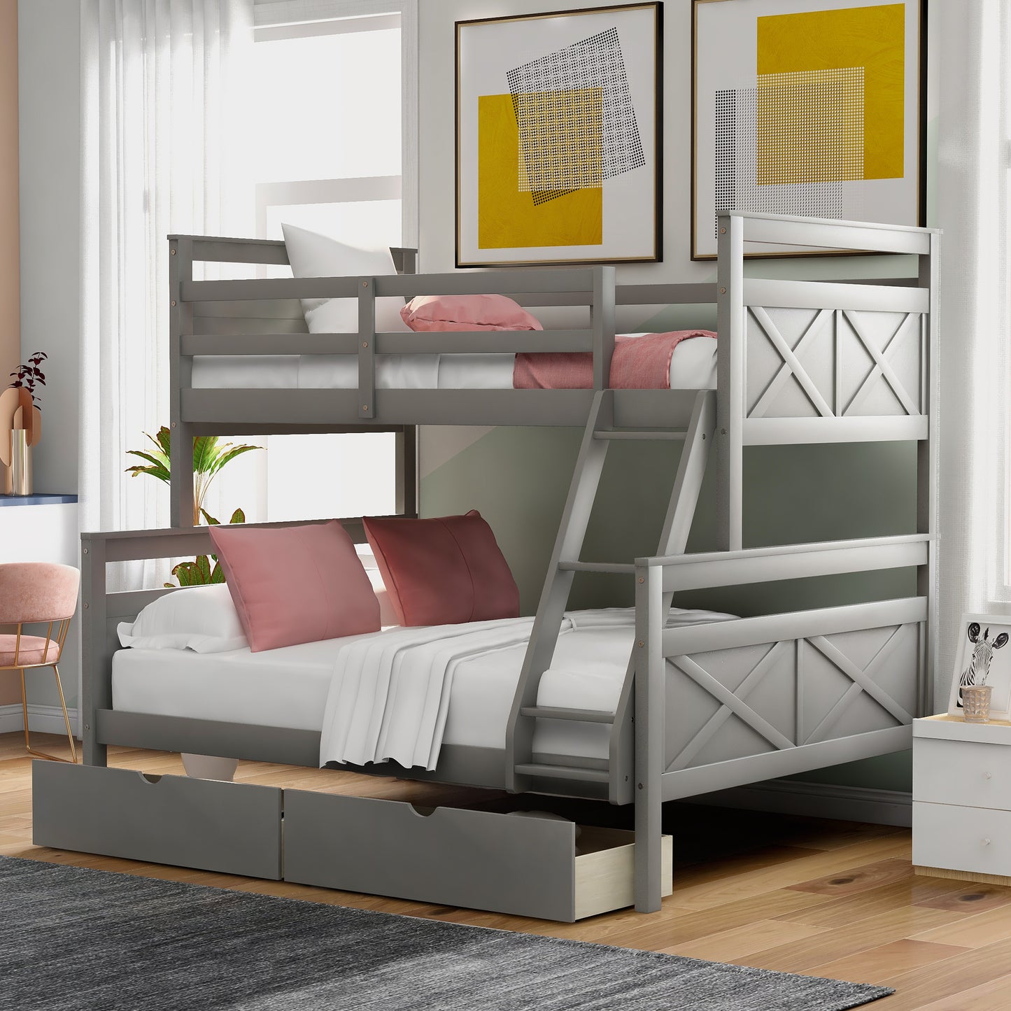 Twin over Full Bunk Bed with Ladder, Two Storage Drawers, Safety Guardrail, Gray