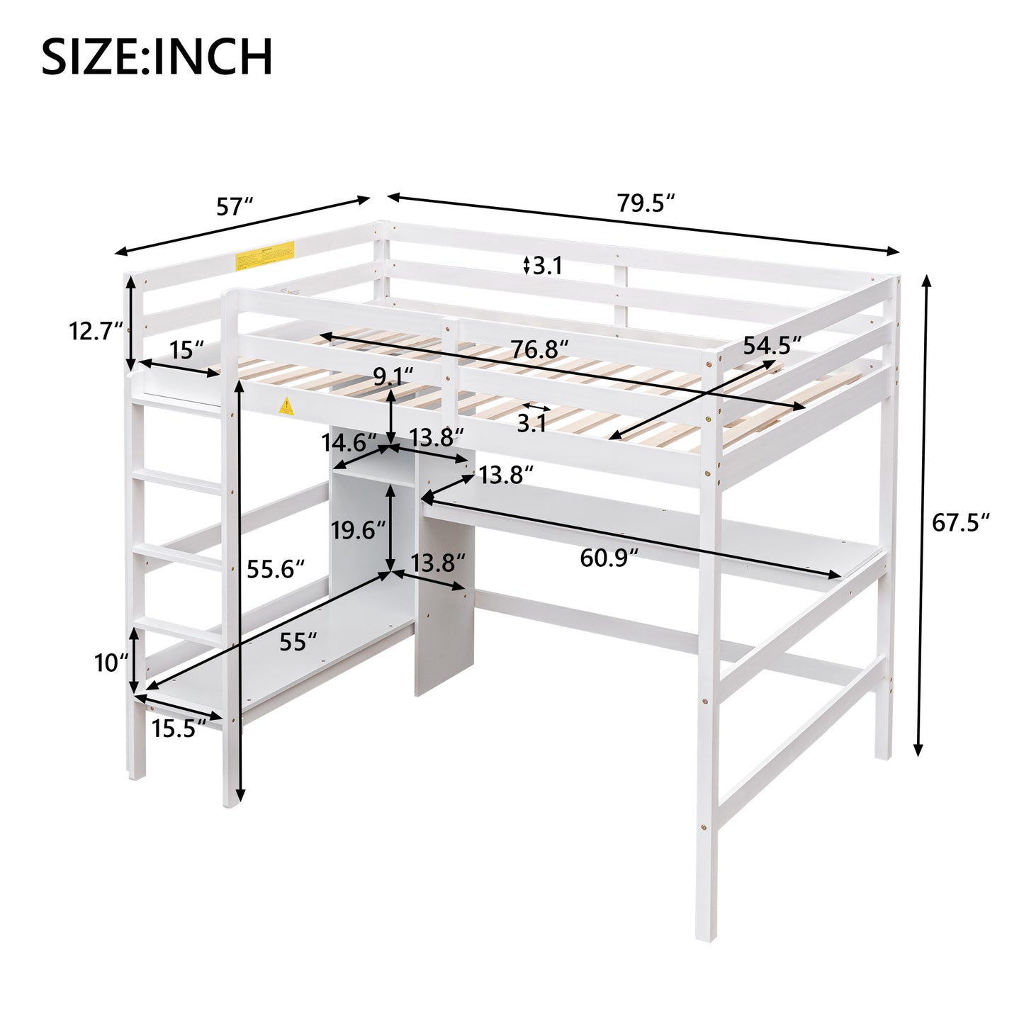 Full Size Loft Bed with Multifunction Shelves and Under-bed Desk, White