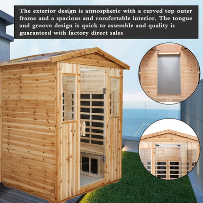 Outdoor Sauna for 4 Person,applicable indoors and outdoors. Far Infrared Sauna 8 Low EMF Heaters, Wooden Sauna Room 2050 Watt, Old Chinese fir, Chromotherapy, Bluetooth Speaker, LCD, LED.