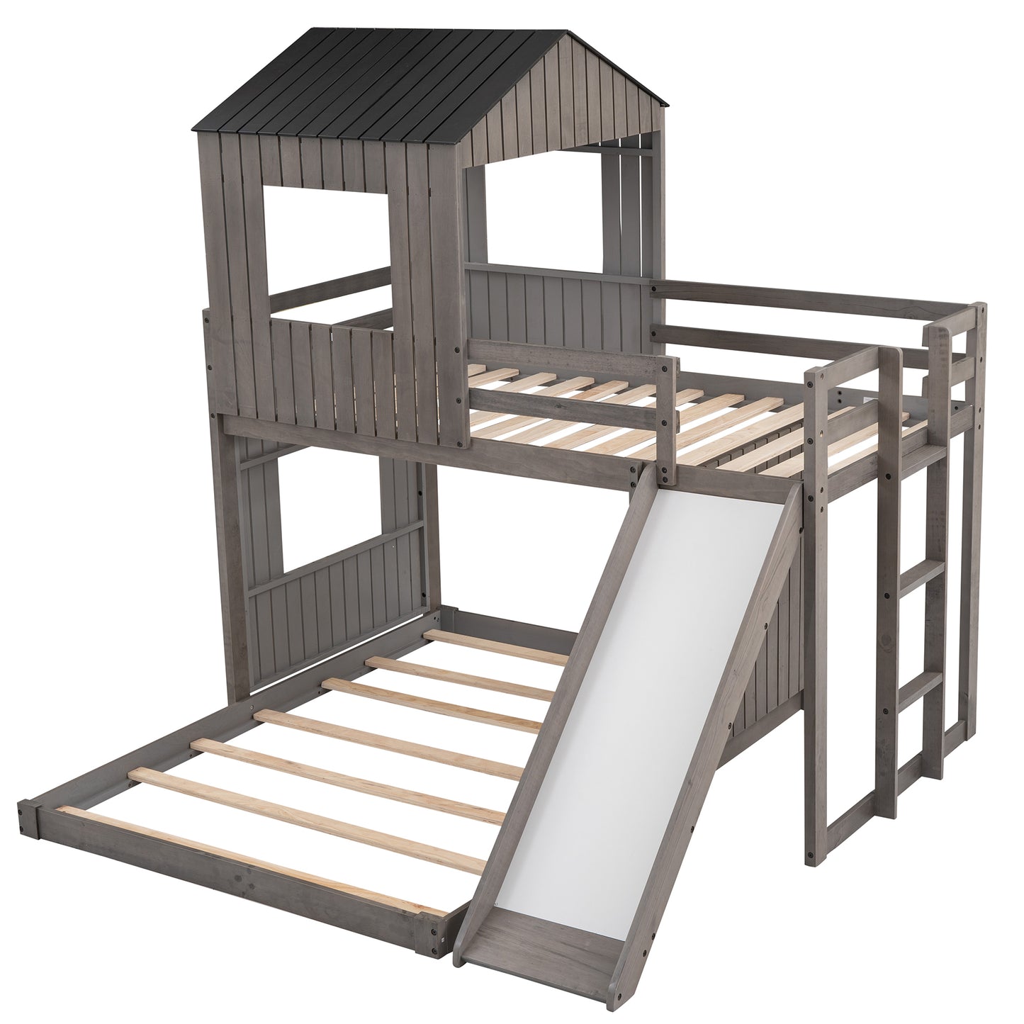 Wooden Twin Over Full Bunk Bed, Loft Bed with Playhouse, Farmhouse, Ladder, Slide and Guardrails, White(OLD SKU :LT000028AAE)