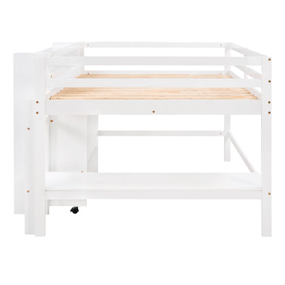 Full Size Low Loft Bed with Rolling Portable Desk, Drawers and Shelves,  White