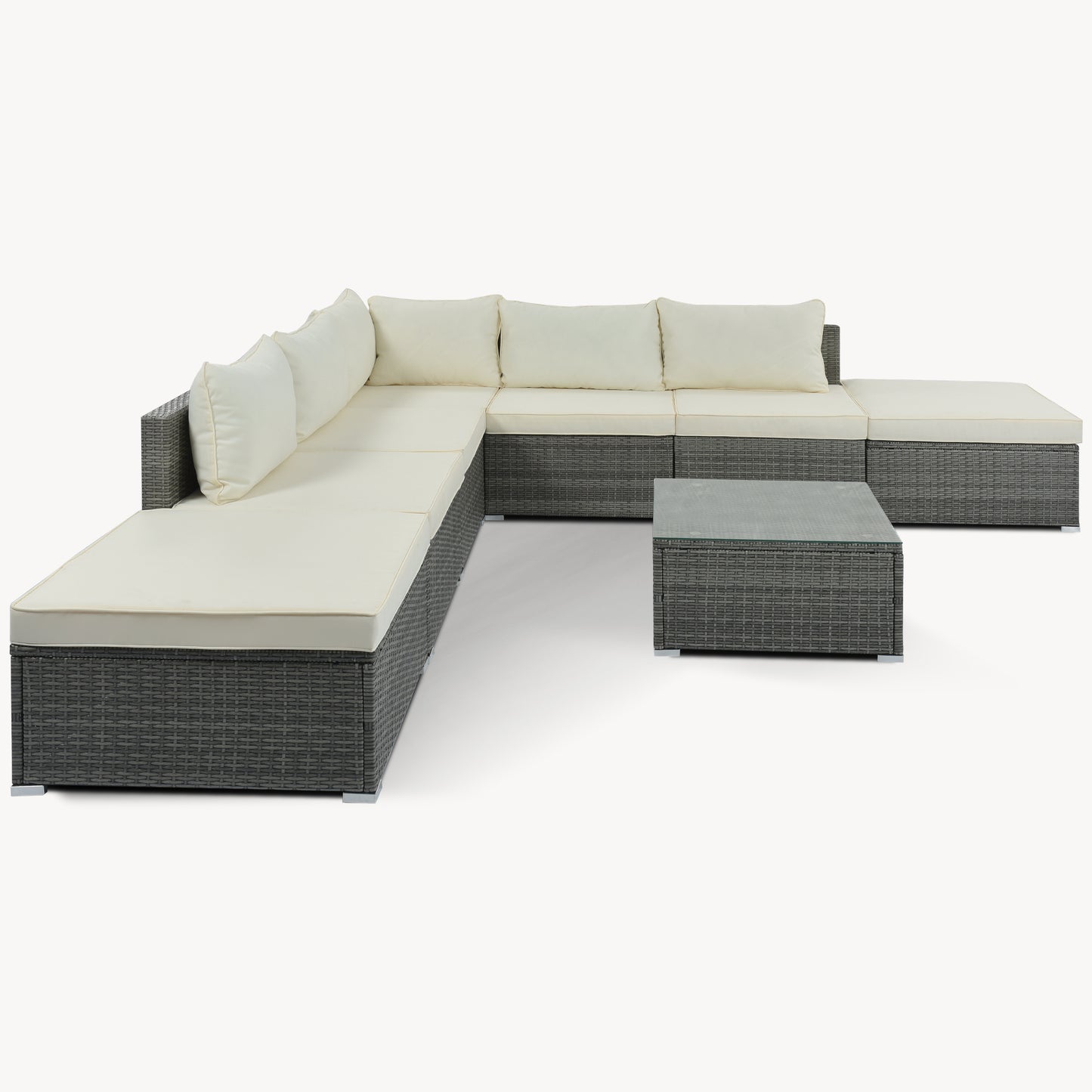 8-Pieces Outdoor Patio Furniture Sets, Garden Conversation Wicker Sofa Set, Single Sofa Combinable, Beige Cushions Gray Wicker