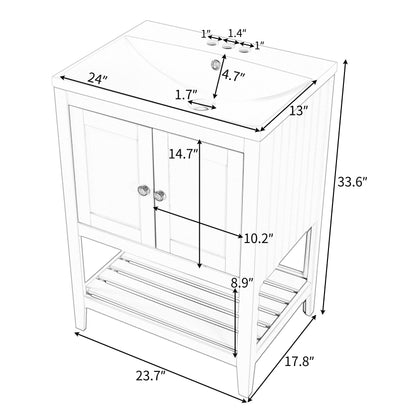 [VIDEO] 24" Brown Modern Sleek Bathroom Vanity Elegant Ceramic Sink with Solid Wood Frame Open Style Shelf