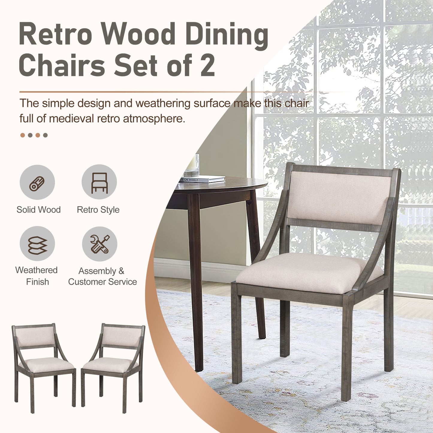 TREXM Retro Wood Dining Chairs Set of 2, Upholstered Chairs with Solid Wood Legs and Frame for Kitchen, Living Room, Dining Room (Gray)