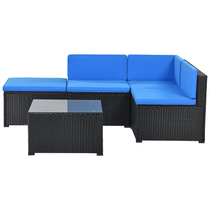 GO 5-Piece Patio Rattan PE Wicker Furniture Corner Sofa Set, with 2 Sofa chairs, 1 Corner chair, 1 ottoman and 1 glass coffee table, Sectional Sofa Chair, Seating,