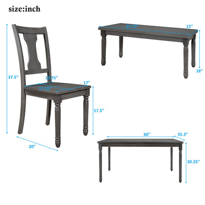 TREXM Classic Dining Set Wooden Table and 4 Chairs with Bench for Kitchen Dining Room, Gray (Set of 6)