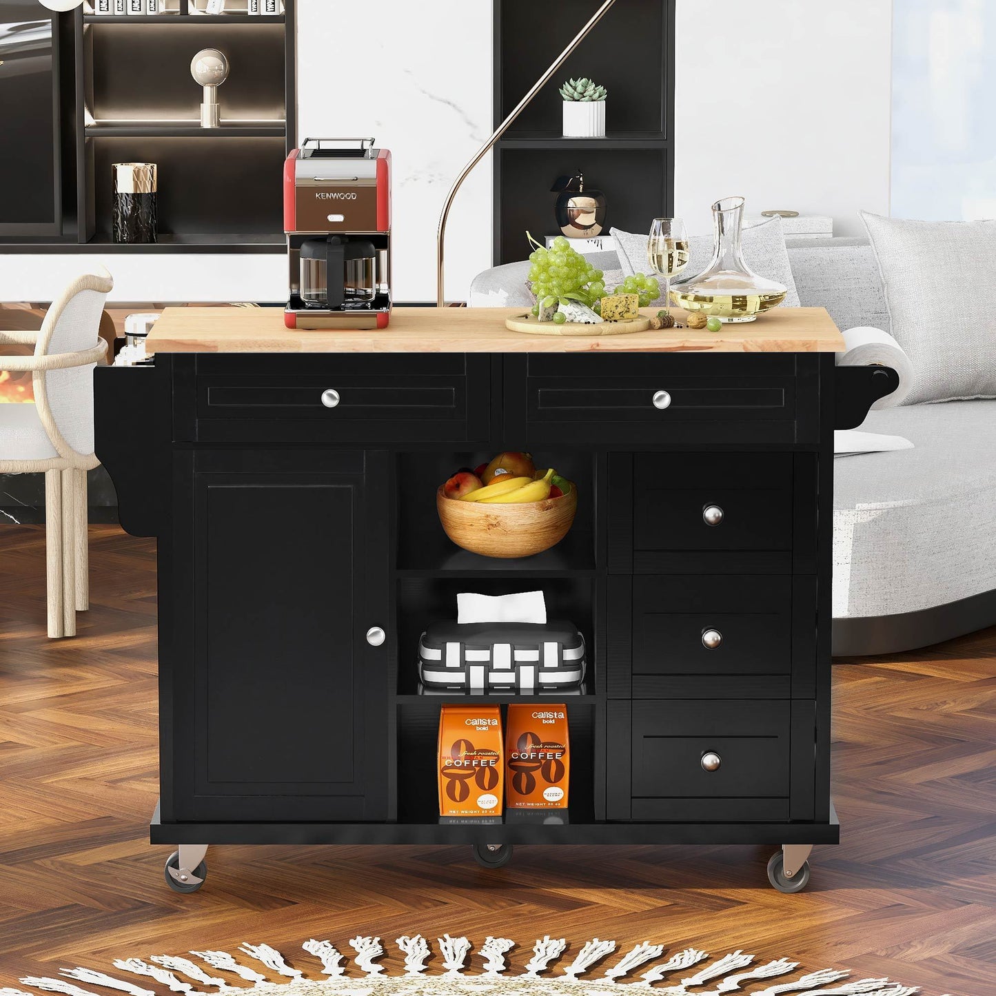 K&K kitchen cart with Rubber wood desktop rolling mobile kitchen island with storage and 5 draws 53 Inch width （Black）