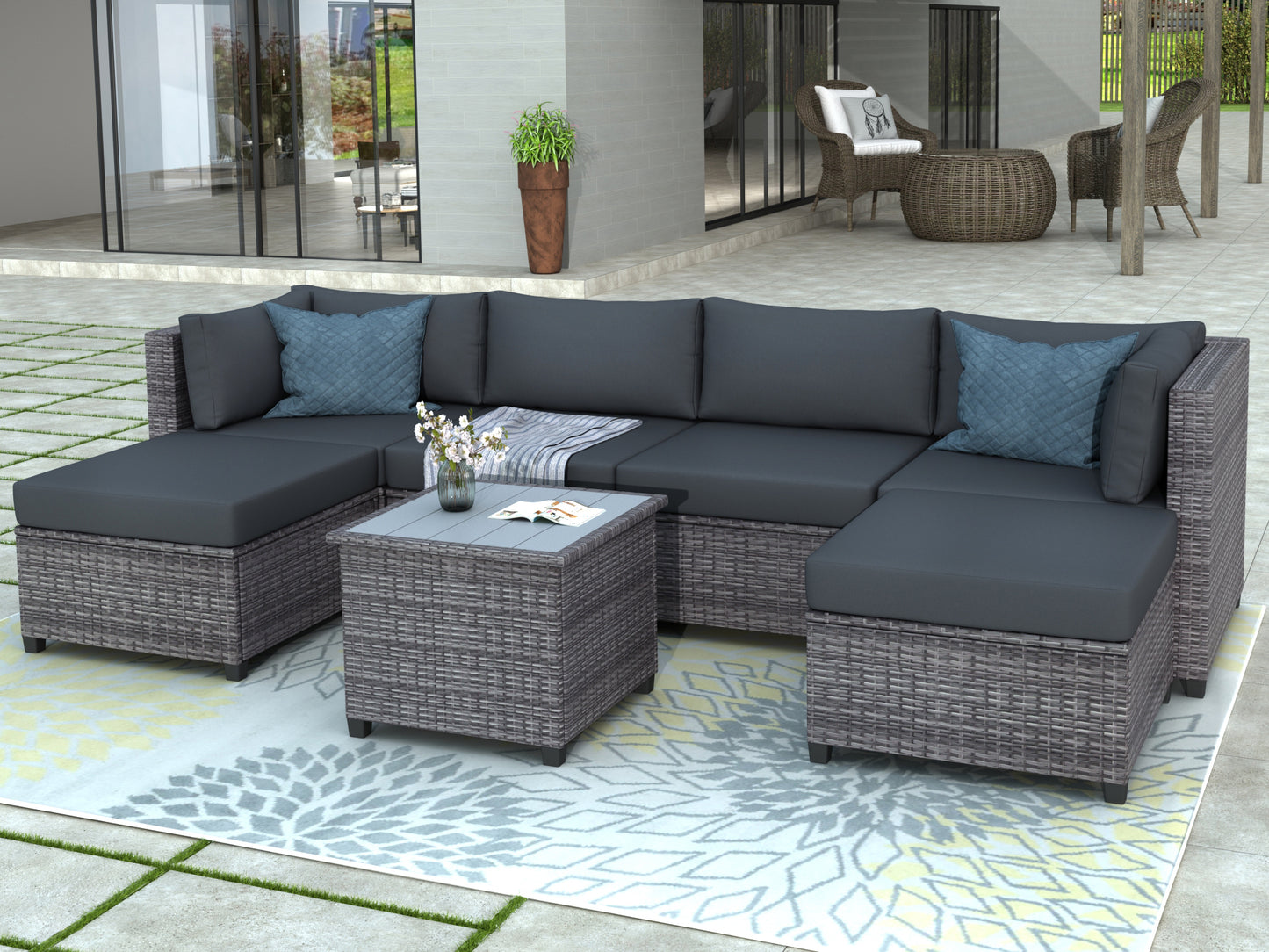 U_Style 7 Piece Rattan Sectional Seating Group with Cushions, Outdoor Ratten Sofa NEW!