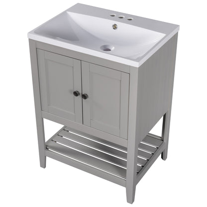[VIDEO] 24" Grey Modern Sleek Bathroom Vanity Elegant Ceramic Sink with Solid Wood Frame Open Style Shelf (OLD SKU: JL000001AAE)
