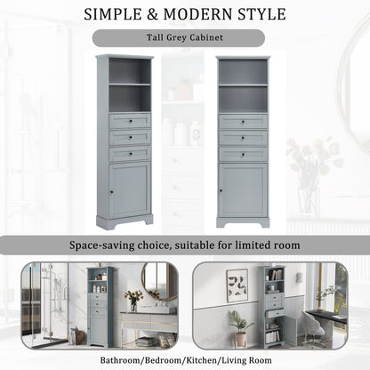 Grey Tall Storage Cabinet with 3 Drawers and Adjustable Shelves for Bathroom, Kitchen and Living Room, MDF Board with Painted Finish