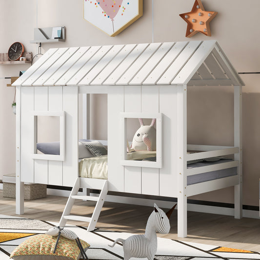 Twin Size Low Loft House Bed with Roof and Two Front Windows,White(OLD SKU:SM000703AAK)