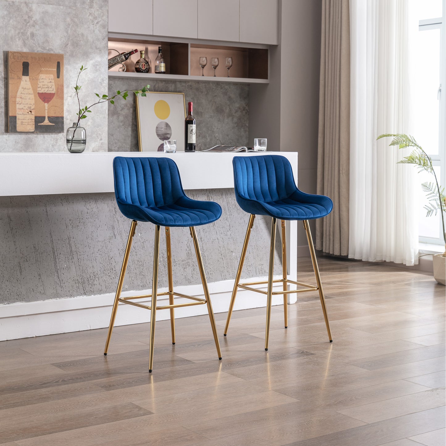 30 inch Set of 2 Bar Stools,with Chrome Footrest Velvet Fabric Counter Stool Golden Leg Simple High Bar Stool,BLUE