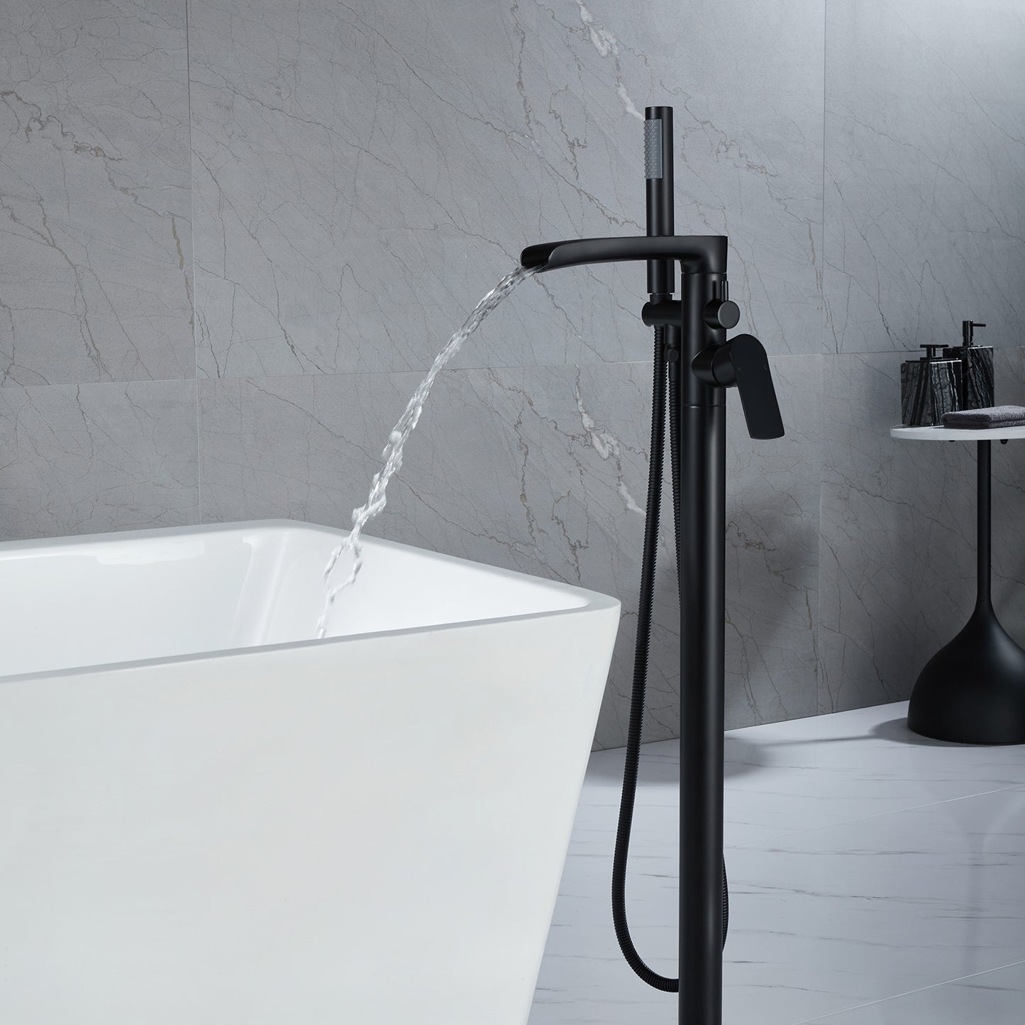 Single-Handle Freestanding Floor Mount Roman Tub Faucet Bathtub Filler with Hand Shower in Matte Black