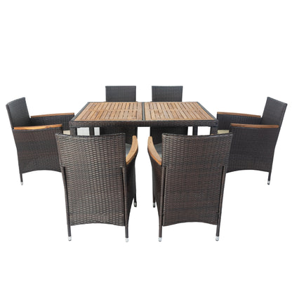 7 piece Outdoor Patio Wicker Dining Set Patio Wicker Furniture Dining Set w/Acacia Wood Top (Brown)