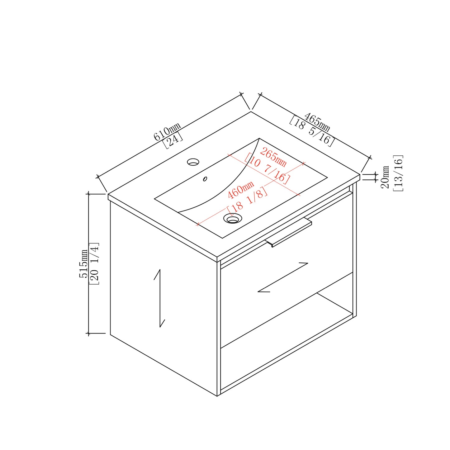 24 inches Bathroom Vanity with Integrated Ceramic Sink and 1 Soft Close Drawer