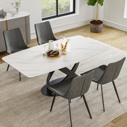 Modern Dining Table, Sintered Stone Tabletop Dining Room Table for Up To 8, Solid Black Carbon Steel Base, 71"