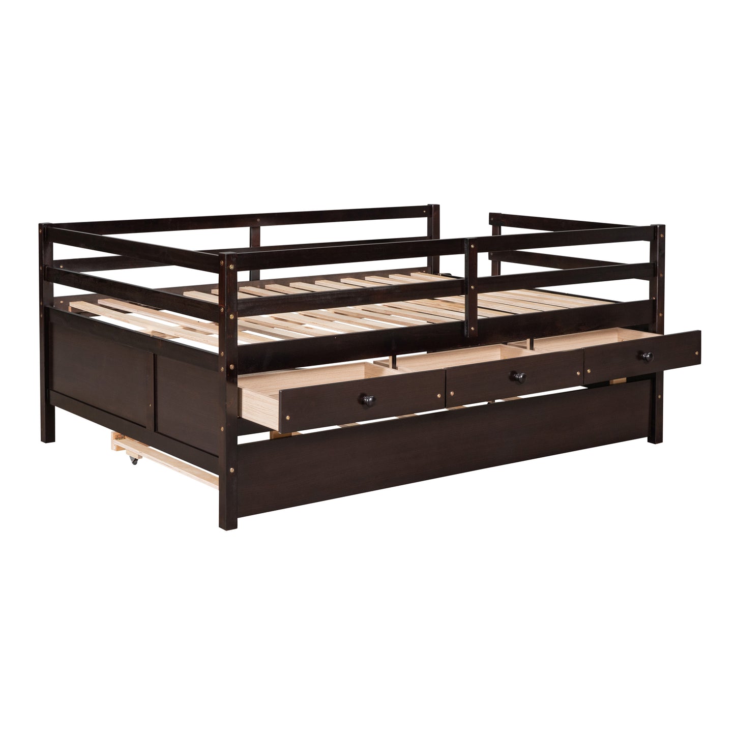 Low Loft Bed Full Size with Full Safety Fence, Climbing ladder, Storage Drawers and Trundle Espresso Solid Wood Bed