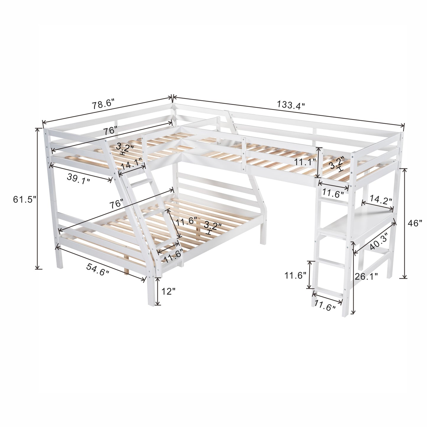 L-Shaped Twin over Full Bunk Bed and Twin Size Loft Bed with Built-in Desk,White