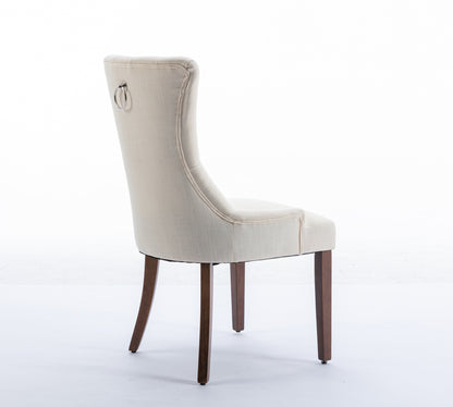 Classic Button Tufted Beige Linen Fabric Upholstered Dining Chair with Solid Wood Legs 2 PCS