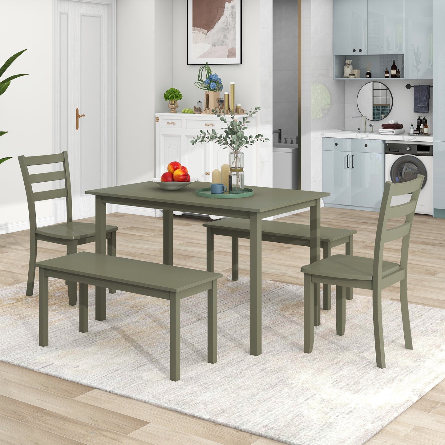 TOPMAX 5-piece Wooden Dining Set, Kitchen Table with 2 Dining Chairs and 2 Benches, Farmhouse Rustic Style, Green