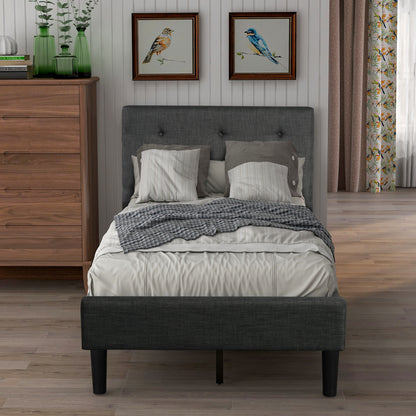 Upholstered Button Tufted Platform Bed with Strong Wood Slat Support (Twin, Gray)