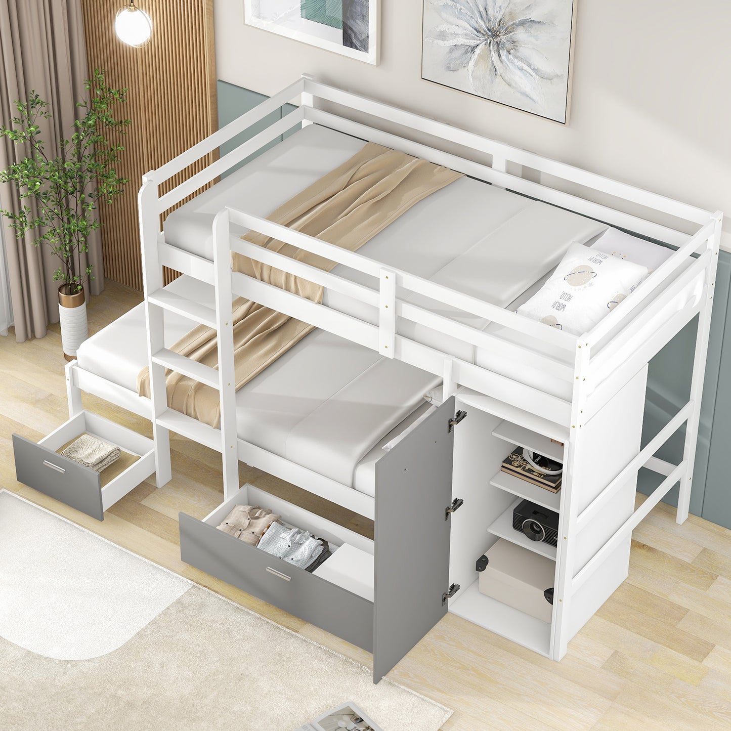 Twin over Twin Bunk Bed with Built-in Storage Wardrobe and Two Drawers, White