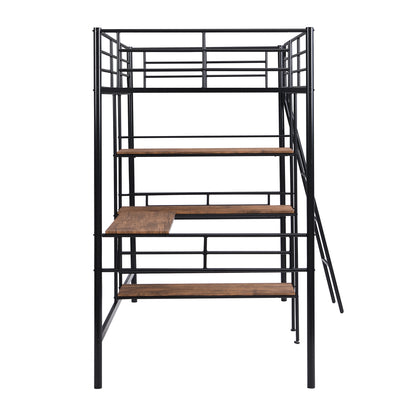 Twin Size Metal Loft Bed and Built-in Desk and Shelves,Black(OLD DKU:WF280270AAB)