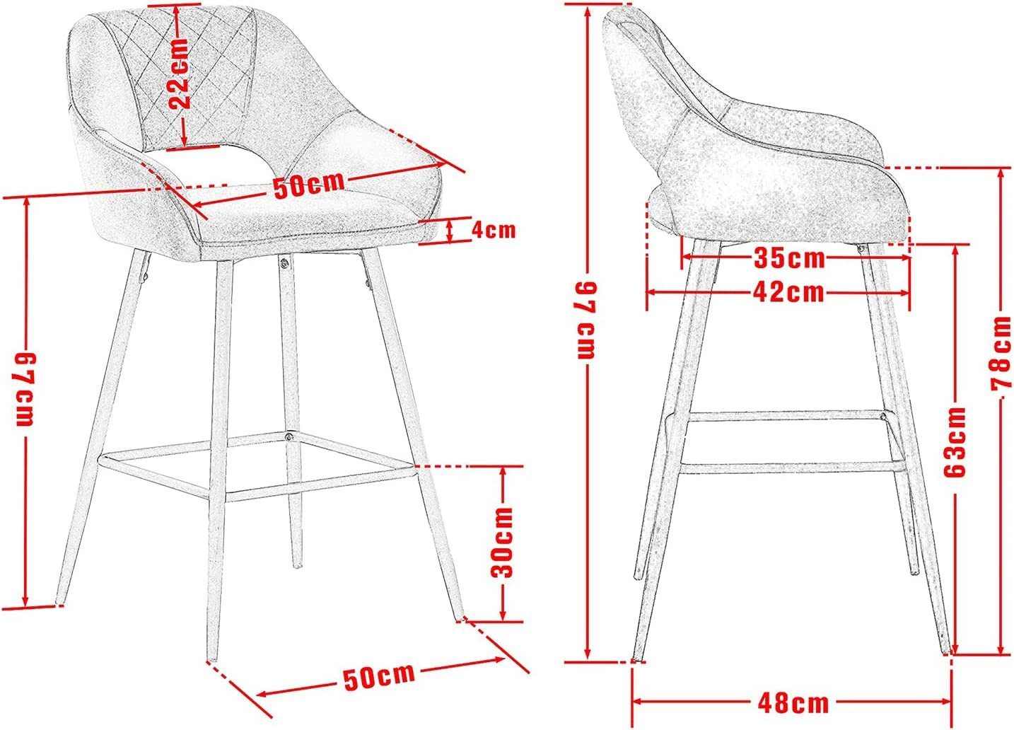 Bar Stools Set of 2 PU Leather Gray Breakfast Dining Bar Stools Fixed Height Bar Chairs with Metal Frame and Footrest for Breakfast Bar, Counter, Kitchen and Home