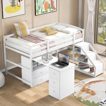 Twin Size Loft Bed with Multifunctional Movable Built-in Desk and and Staircase,White(OLD SKU:GX000925AAK)