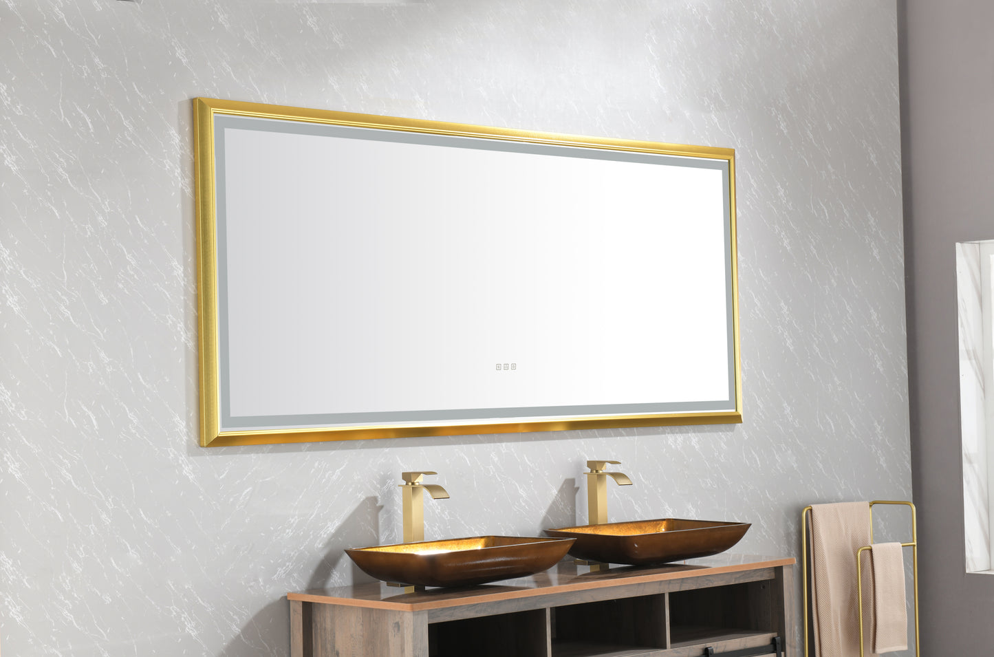 84 in. W x 36 in. H Oversized Rectangular Gold Framed LED Mirror Anti-Fog Dimmable Wall Mount Bathroom Vanity Mirror HD Wall Mirror Kit For Gym And Dance Studio 36 X 84Inches With