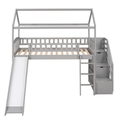 Twin Loft Bed with Two Drawers and Slide, House Bed with Slide,Gray (OLD SKU:LP000030AAE)