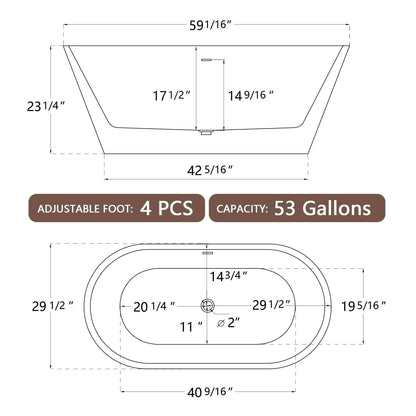 59" Acrylic Freestanding Bathtub, Gracefully Shaped Freestanding Soaking Bathtub with Brushed Nickel Drain & Minimalist Linear Design Overflow White