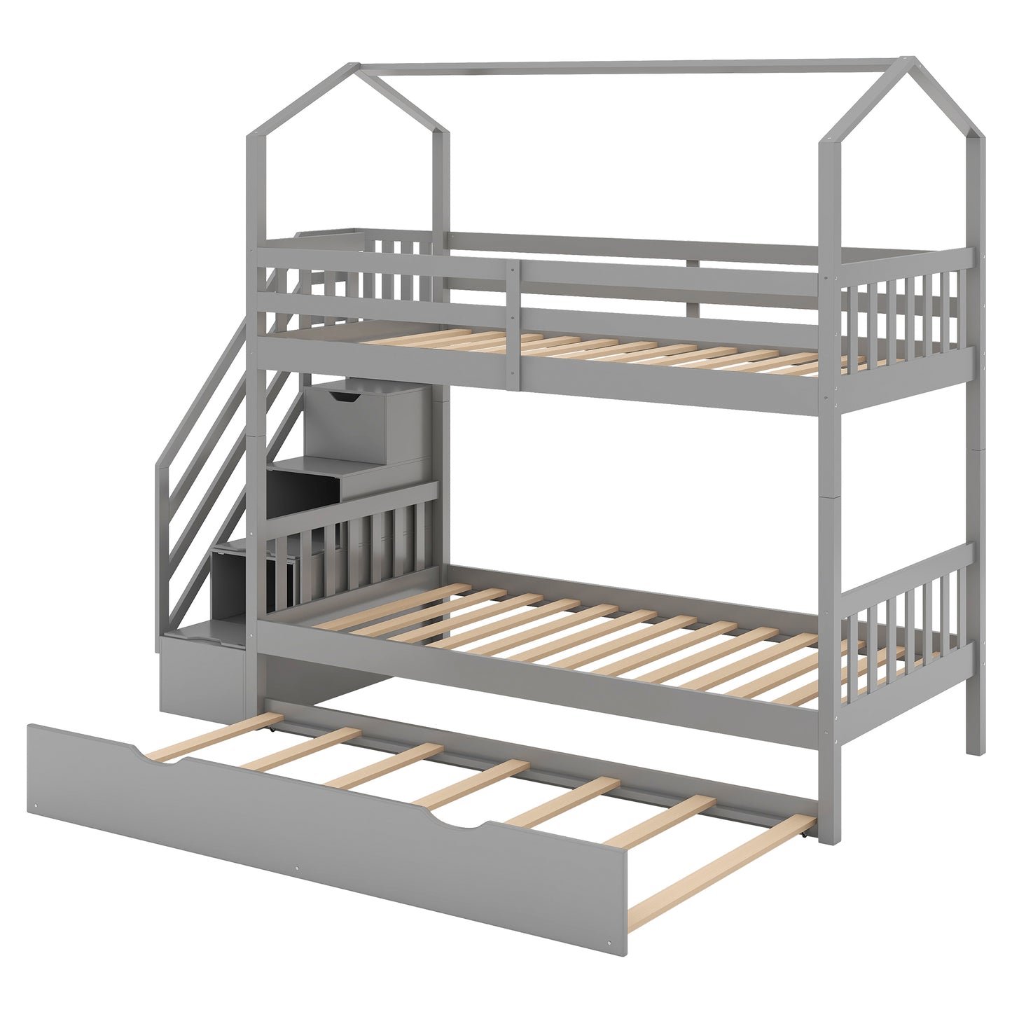 Multifunctional Twin over Twin House Bunk Bed with Staircase and Storage Space,Gray