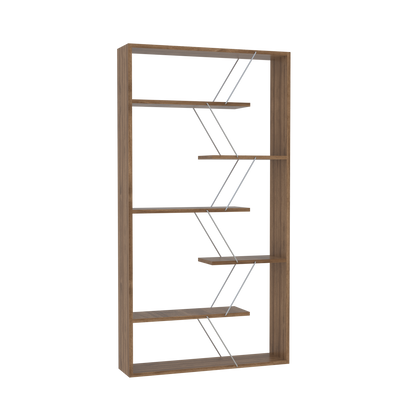 Furnish Home Store Wood Frame Etagere Open Back 6 Shelves Bookcase Industrial Bookshelf for Office and Living Rooms Modern Bookcases Large Bookshelf Organizer, Walnut/Chrome